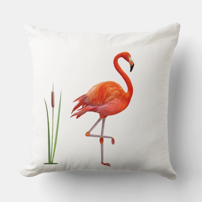 Flamingo Bird & Reed Plant på White Kudde (Framsida)