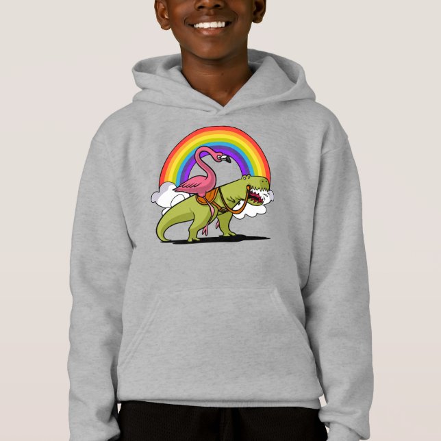 Flamingo Bird Riding T-Rex Dinosaur Rainbow T Shirt (Framsida)