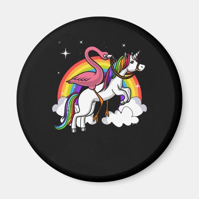 Flamingo Bird Riding Unicorn Magic Rainbow Magnet (Framsidan)