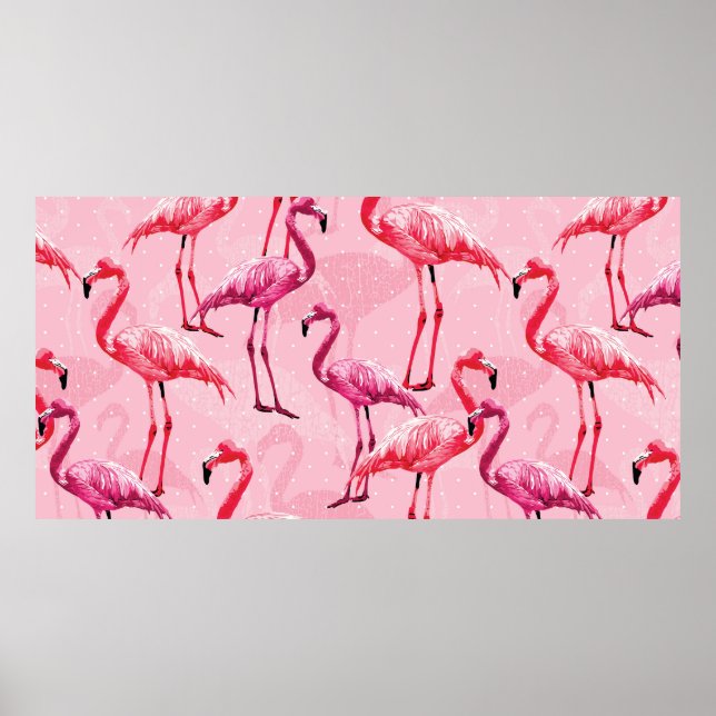 Flamingo Bird Rosa Seamless Mönster illu Poster (Framsidan)