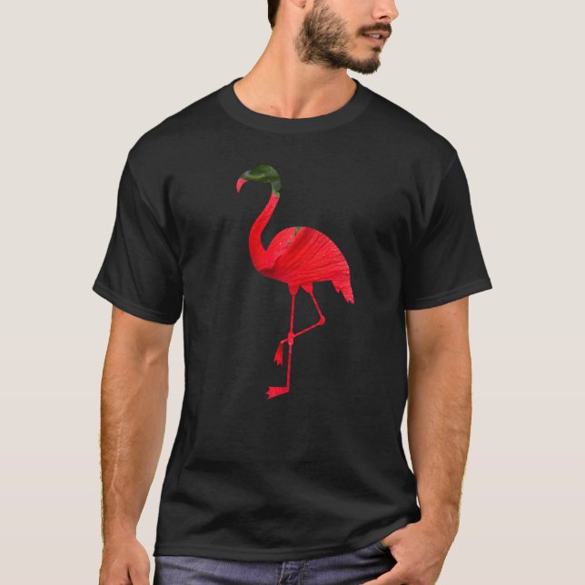 Flamingo Bird Silhouette with Red Hibiscus Flower  T Shirt (Framsida)