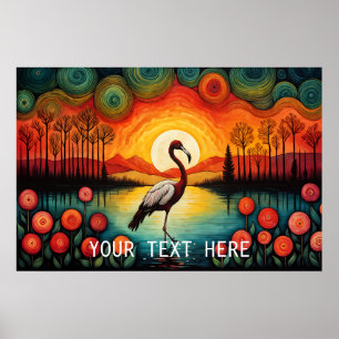 Flamingo Bird Sjö Sunset Colorful Blommigt Poster