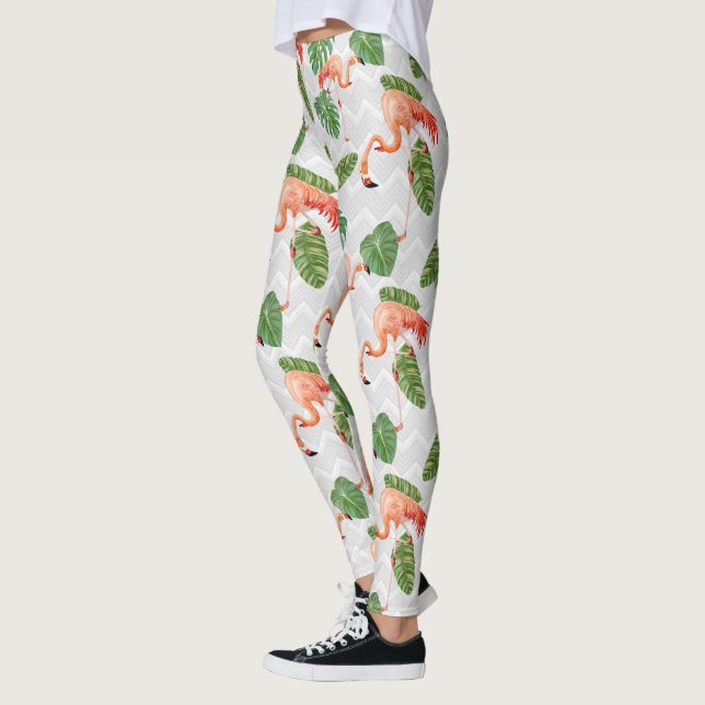 Flamingo Bird Tropical Banana Löv Chevron Mönster Leggings (Vänster)