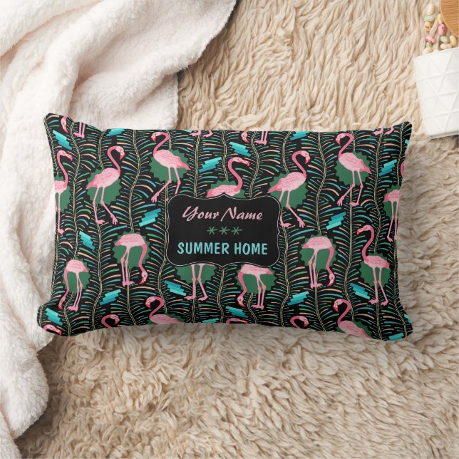 Flamingo Birds 20:e Art Deco Ferns Sommar Namn Lumbarkudde (Filt)
