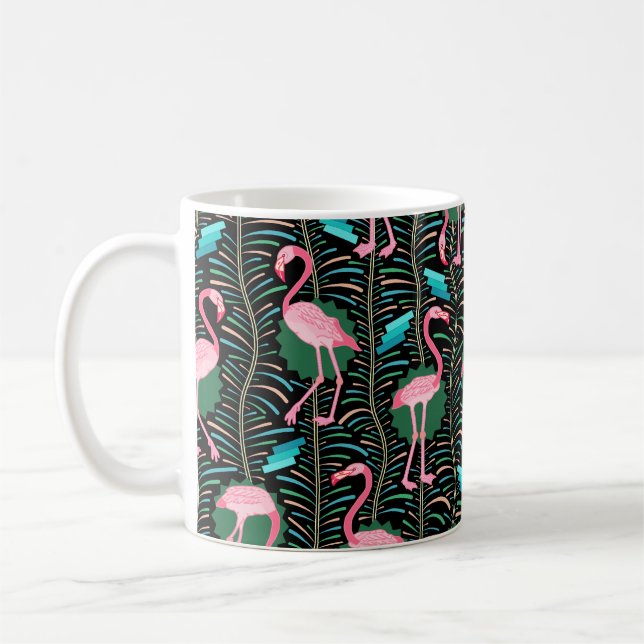Flamingo Birds 20:e Deco Ferns Mönster Black Grönt Kaffemugg (Vänster)
