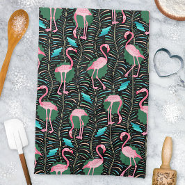 Flamingo Birds 20:e Deco Ferns Mönster Black Grönt Kökshandduk