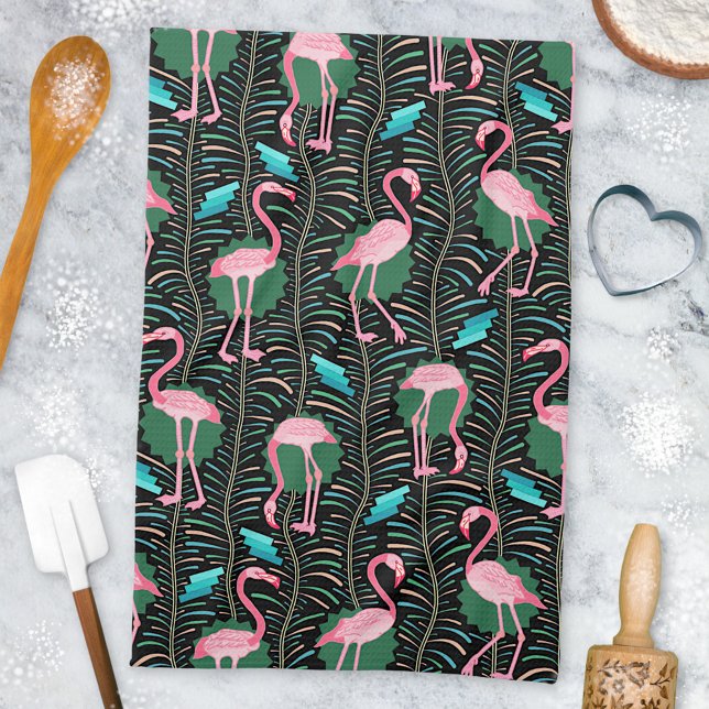 Flamingo Birds 20:e Deco Ferns Mönster Black Grönt Kökshandduk (Skapare uppladdad)
