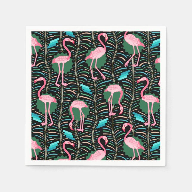 Flamingo Birds 20:e Deco Ferns Mönster Black Grönt Pappersservett (Framsidan)