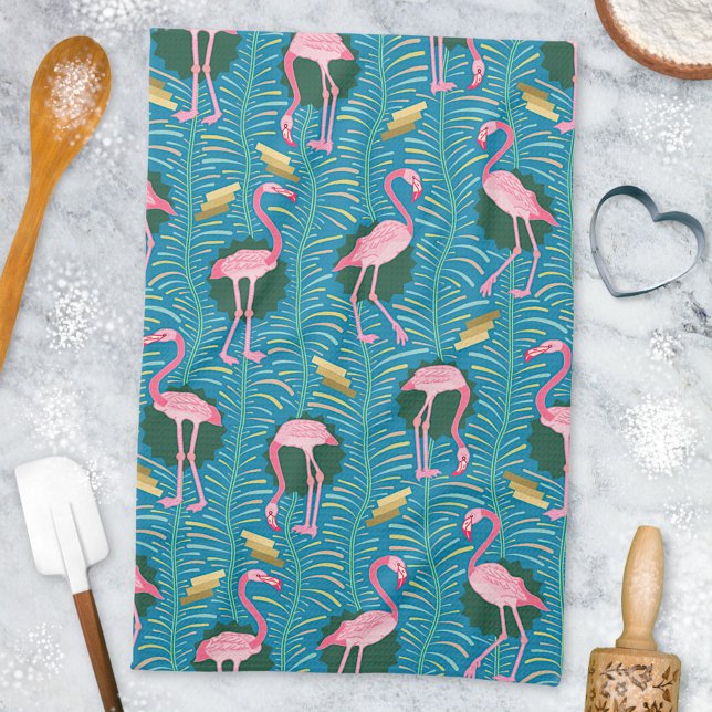 Flamingo Birds 20:e Deco Ferns Mönster Blue Guld Kökshandduk (Skapare uppladdad)