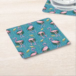 Flamingo Birds 20:e Deco Ferns Mönster Blue Guld Underlägg Papper Kvadrat