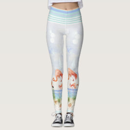 Flamingo Birds Ocean Beach Seashell Stripe Art Leggings