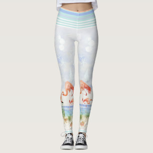 Flamingo Birds Ocean Beach Seashell Stripe Art Leggings