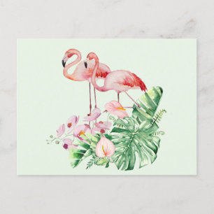 Flamingo Birds, Tropical Flowers and Löv Vykort