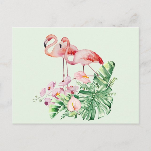 Flamingo Birds, Tropical Flowers and Löv Vykort (Framsida)