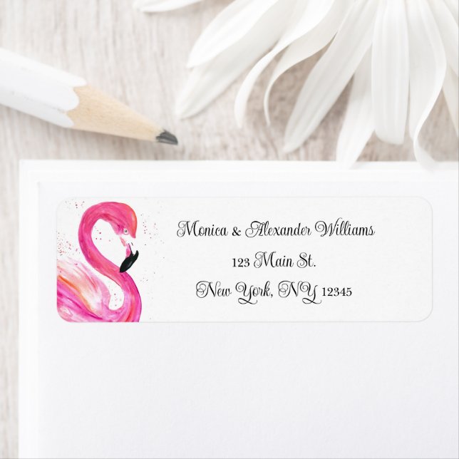Flamingo Birds Watercolor Returadress Bröllop Etikett (Insitu)