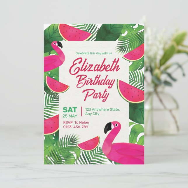 Flamingo Birthday bjudande, Bassäng Party födelsed Inbjudningar (Stående Fram)