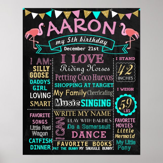 Flamingo Birthday chalkboard-skyltmilsten Poster (Framsidan)