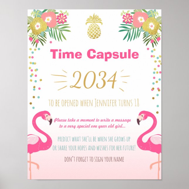 Flamingo Birthday guestbook Time Capsule Pineapple Poster (Framsidan)