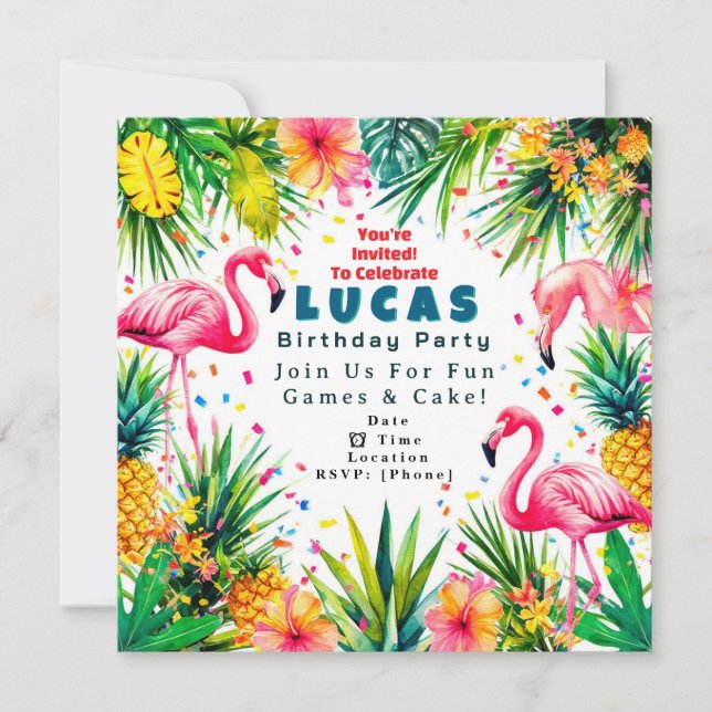 Flamingo Birthday Invitation – Personalized Kids Inbjudningar (Framsida)