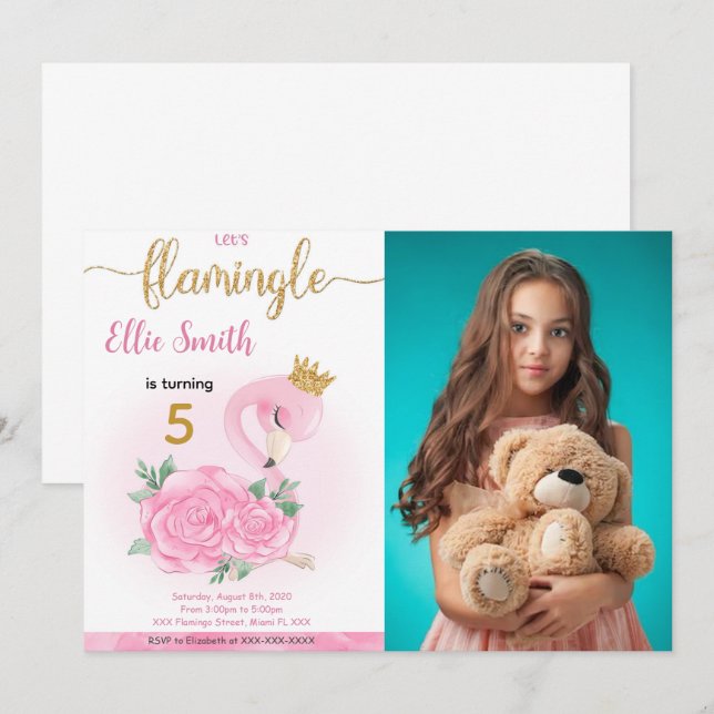 Flamingo Birthday Photo-inbjudan Inbjudningar (Fram/baksida)