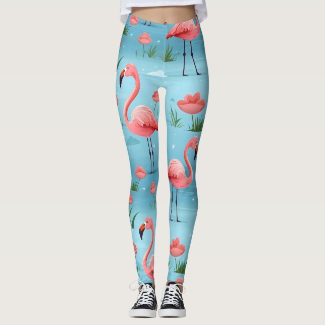Flamingo Blått Vattenmönster Leggings (Framsida)