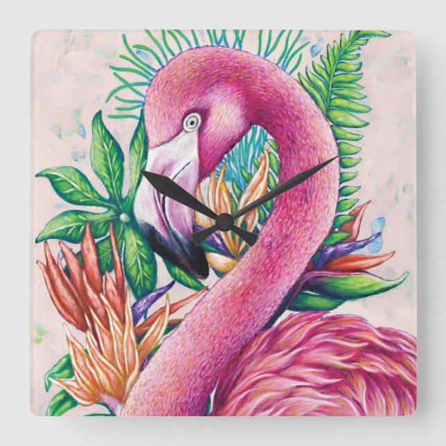 Flamingo Blommig Hawaiianskt Roligt Sött Väggur (Framsida)