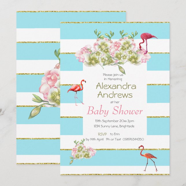 Flamingo Blommigt Blue Rand Baby Shower Inbjudningar (Fram/baksida)