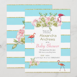 Flamingo Blommigt Blue Rand Baby Shower Inbjudningar