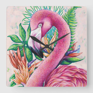 Flamingo Blommigt Hawaiian Funny Cute Wall Clock Fyrkantig Klocka