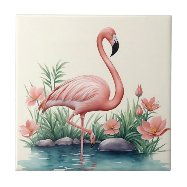 Flamingo Blommigt Rosa Bird Kakelplatta (Framsidan)
