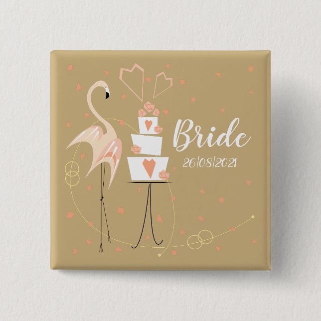 Flamingo Bröllop Bride Date-kvadrat Knapp (Framsida)