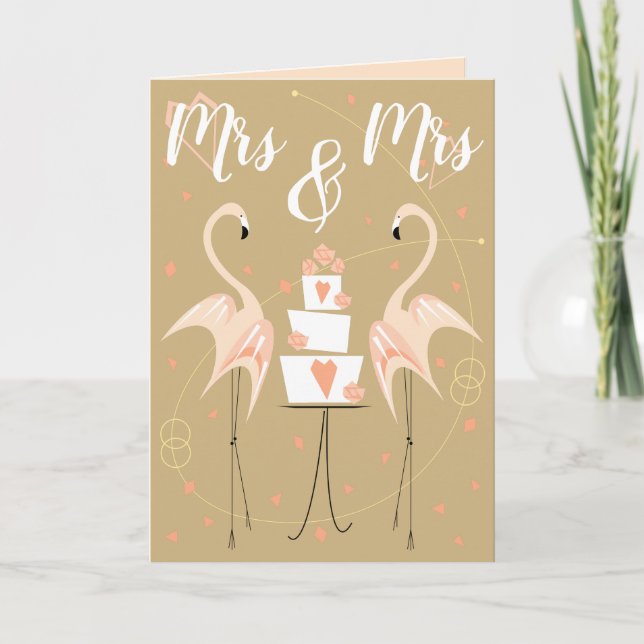 Flamingo Bröllop, fru & fru Text, persikor inuti Kort (Framsida)