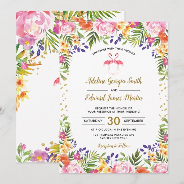 Flamingo Bröllop Tropical Blommigt Handflatan löv  Inbjudningar (Fram/baksida)