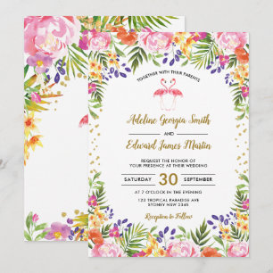 Flamingo Bröllop Tropical Blommigt Handflatan löv Inbjudningar