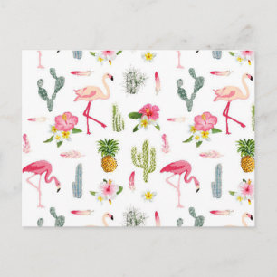 Flamingo Cactus Pineapple Hibiscus Mönster Vykort