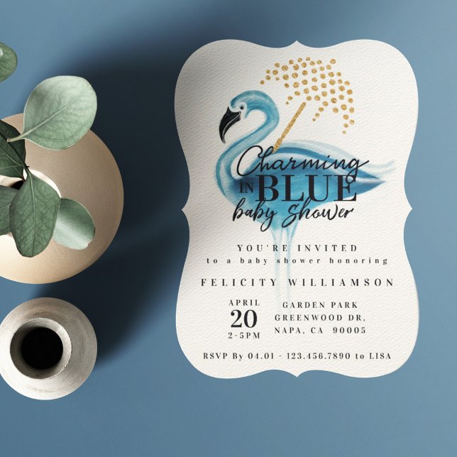 Flamingo Charming i Blue Baby Shower-inbjudan Inbjudningar (Skapare uppladdad)