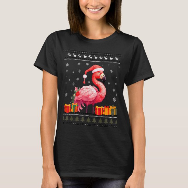 Flamingo Christmas Santa Hat Ugly Christmas Sweate T Shirt (Framsida)