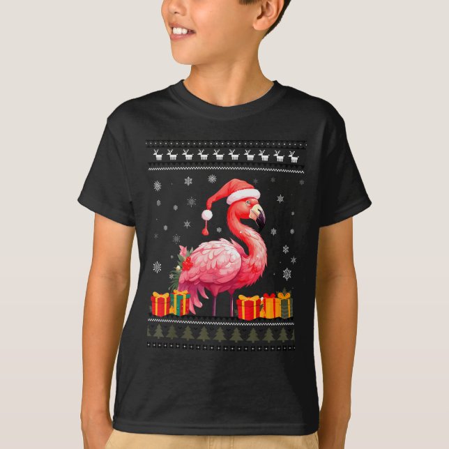 Flamingo Christmas Santa Hat Ugly Christmas Sweate T Shirt (Framsida)