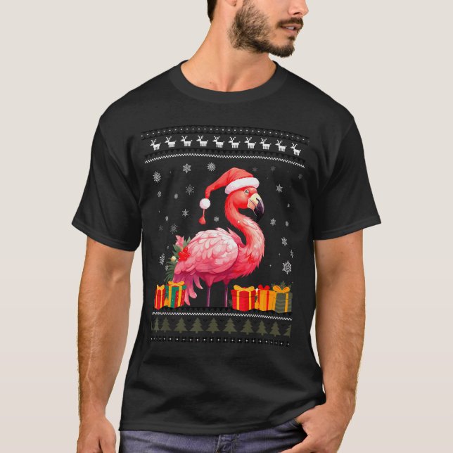 Flamingo Christmas Santa Hat Ugly Christmas Sweate T Shirt (Framsida)