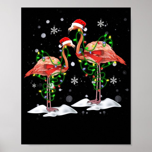 Flamingo Christmas Tree Santa Hat Light Merry Poster (Framsidan)