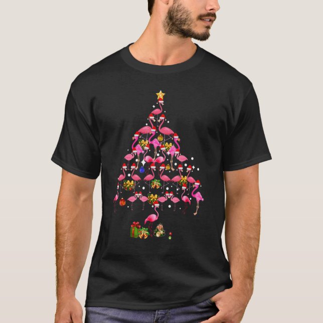 Flamingo Christmas Tree Santa Hat Xmas Light Merry T Shirt (Framsida)
