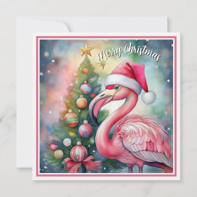 Flamingo Christmas watercolor flat card Julkort (Framsida)