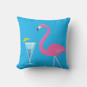 Flamingo & Cocktail på blå utomhusfyllning Kudde