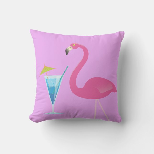 Flamingo & Cocktail på lila utomhusdynor Utomhuskudde (Framsida)