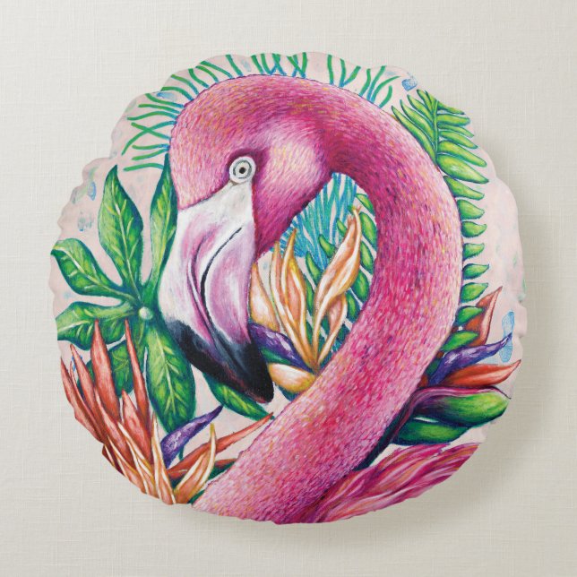 Flamingo Cute Tropical Rosa Round Pillow Rund Kudde (Framsidan)