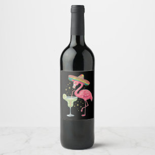 Flamingo dricker Margarita Rolig Mexikansk Poncho Vinflaska Etikett