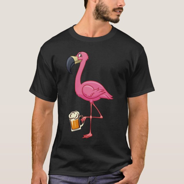 Flamingo Drinking Beer - Funny Rosa Flamingo T Shirt (Framsida)