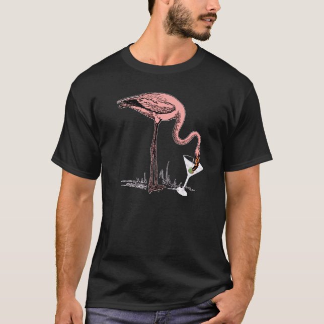 Flamingo Drinking Martini Art Illustration Premium T Shirt (Framsida)