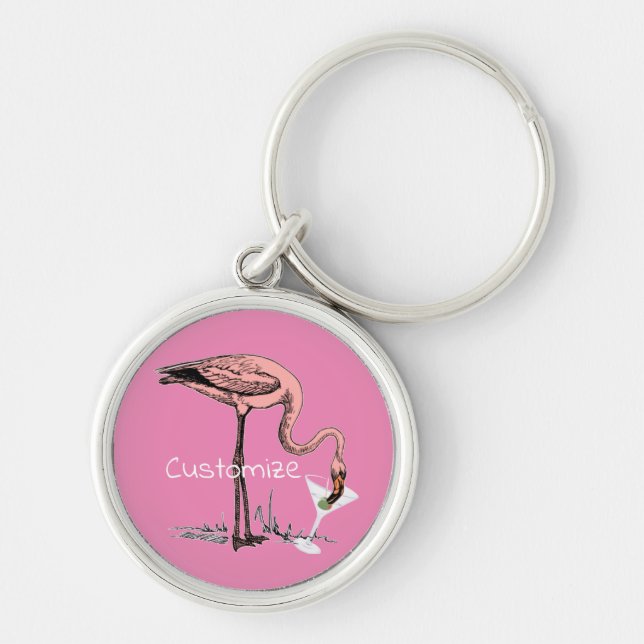 Flamingo Drinking Martini Thunder_Cove Rund Silverfärgad Nyckelring (Framsidan)