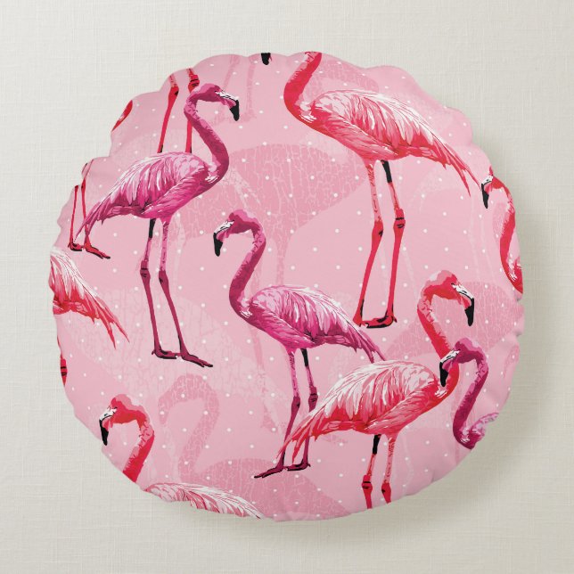 Flamingo Elegance: Rosa Bird Mönster. Rund Kudde (Framsidan)